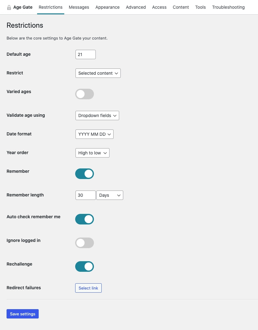 Age Gate WordPress age restriction plugin settings screen