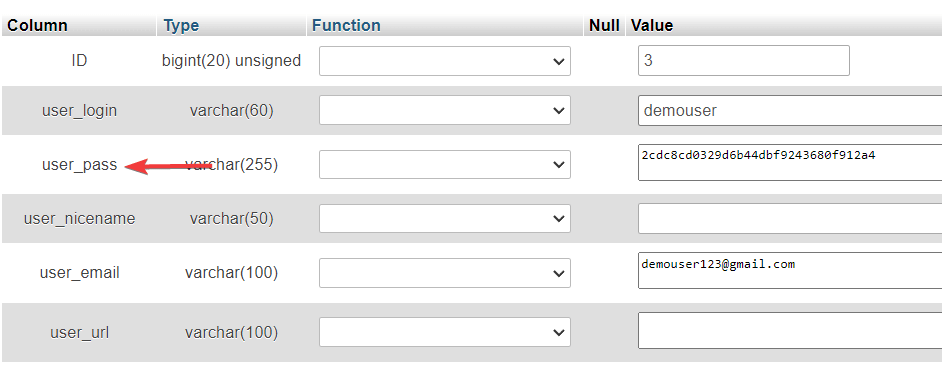 user password option in wordpress phpmyadmin