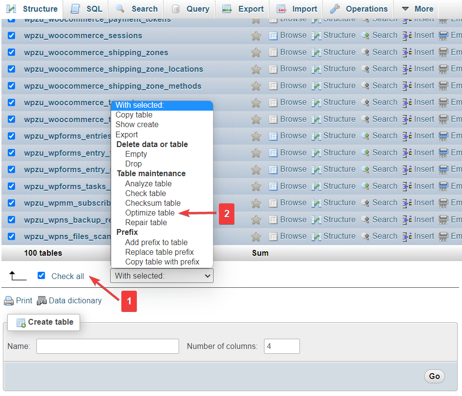 optimizing table in wordpress phpmyadmin