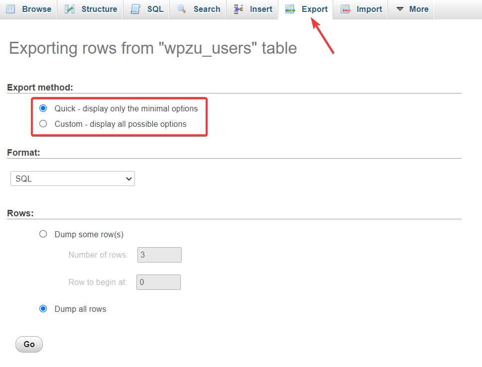 quick custom export options in wordpress database