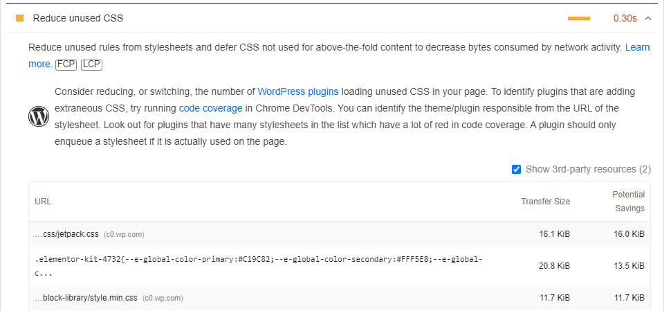 فایل های CSS استفاده نشده در PageSpeed ​​Insights.