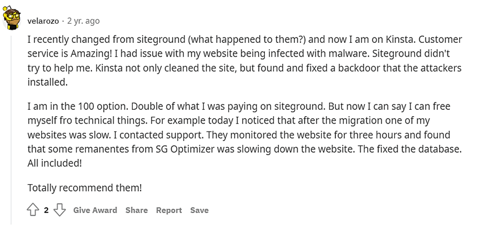 Reddit opinion about Kinsta