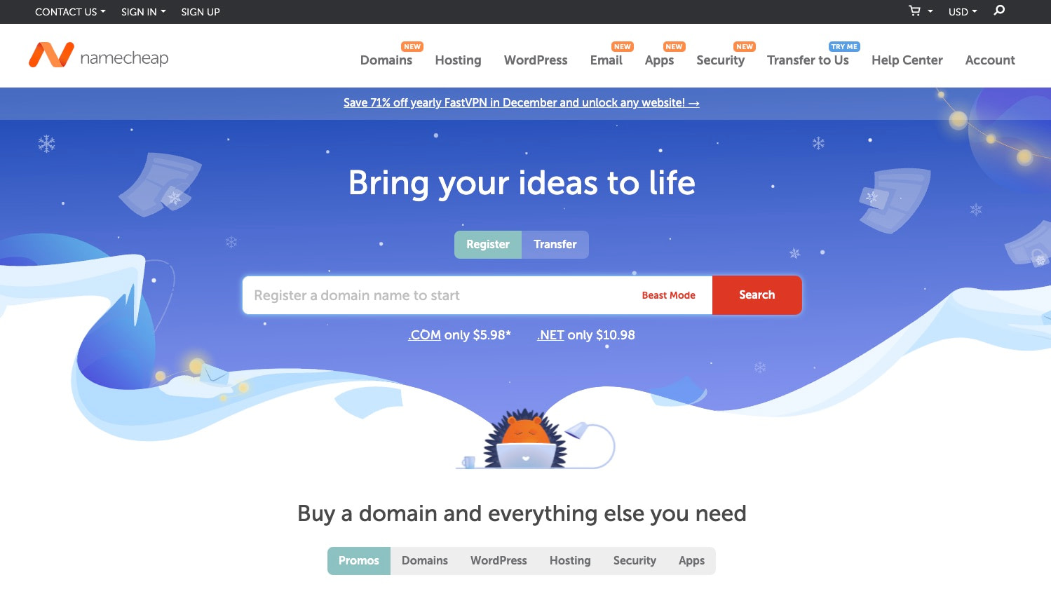 The Namecheap homepage