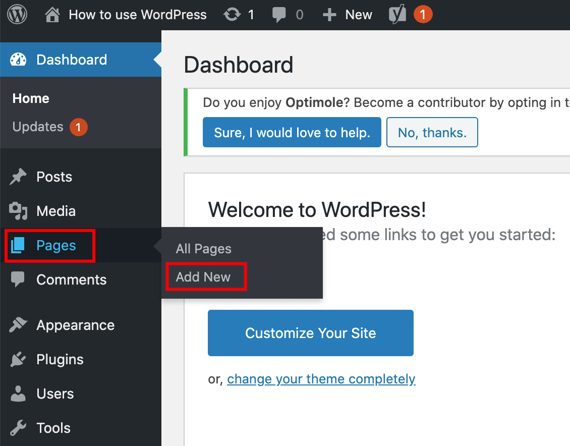 How to use the WordPress dashboard to add new pages