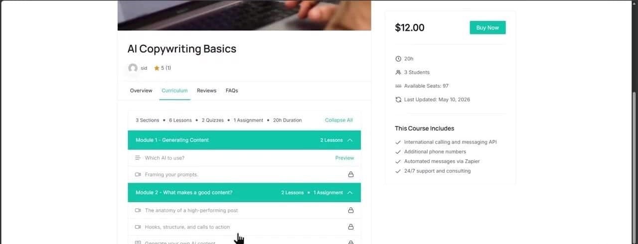 A live course page with a $12.00 price, Buy Now button, and course curriculum list
