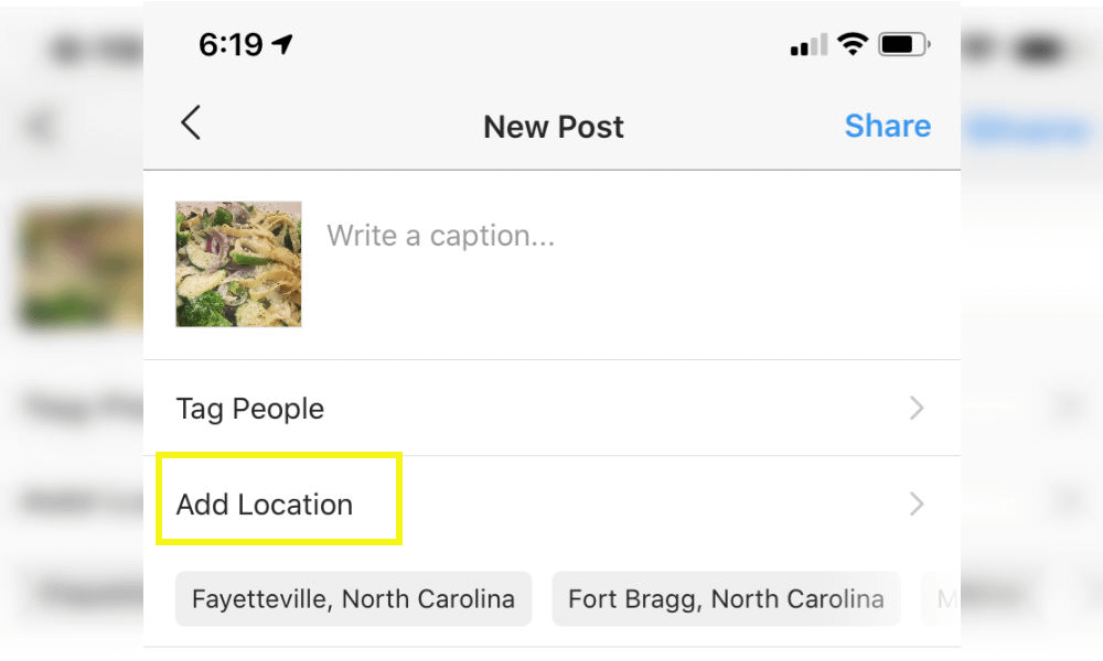 Instagram 'Add Location' setting.