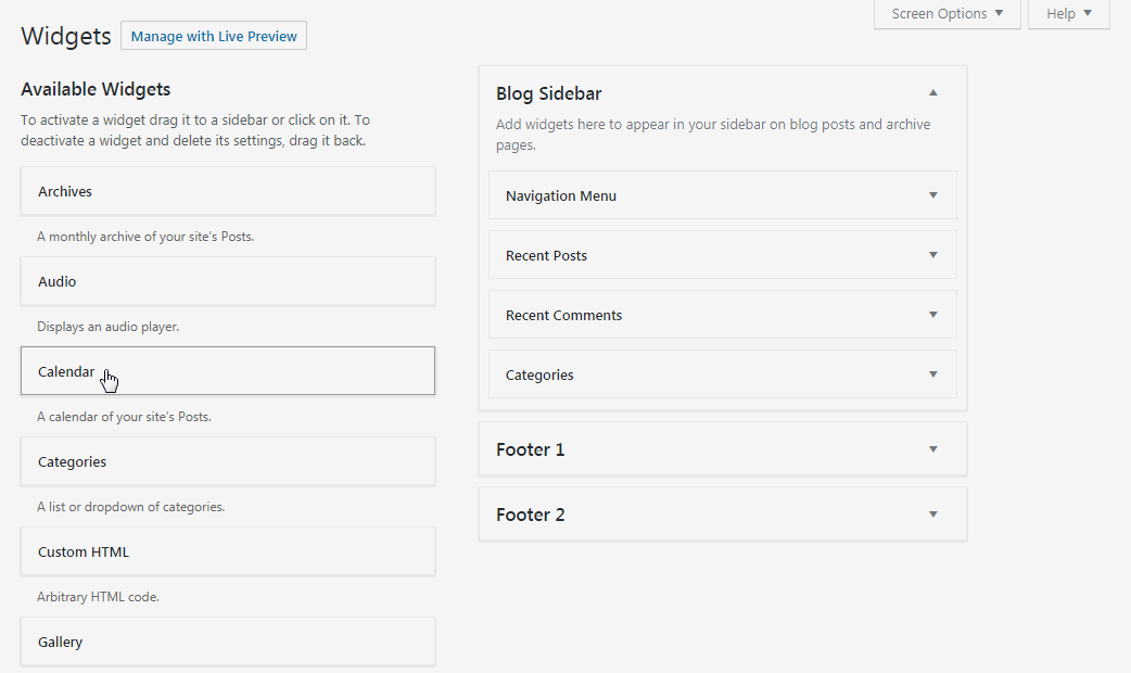 A GIF showing how to add WordPress widgets.