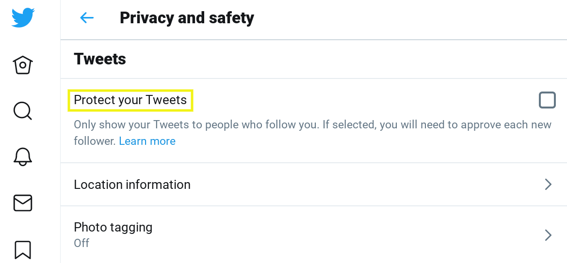 Privacy and safety settings page on Twitter.