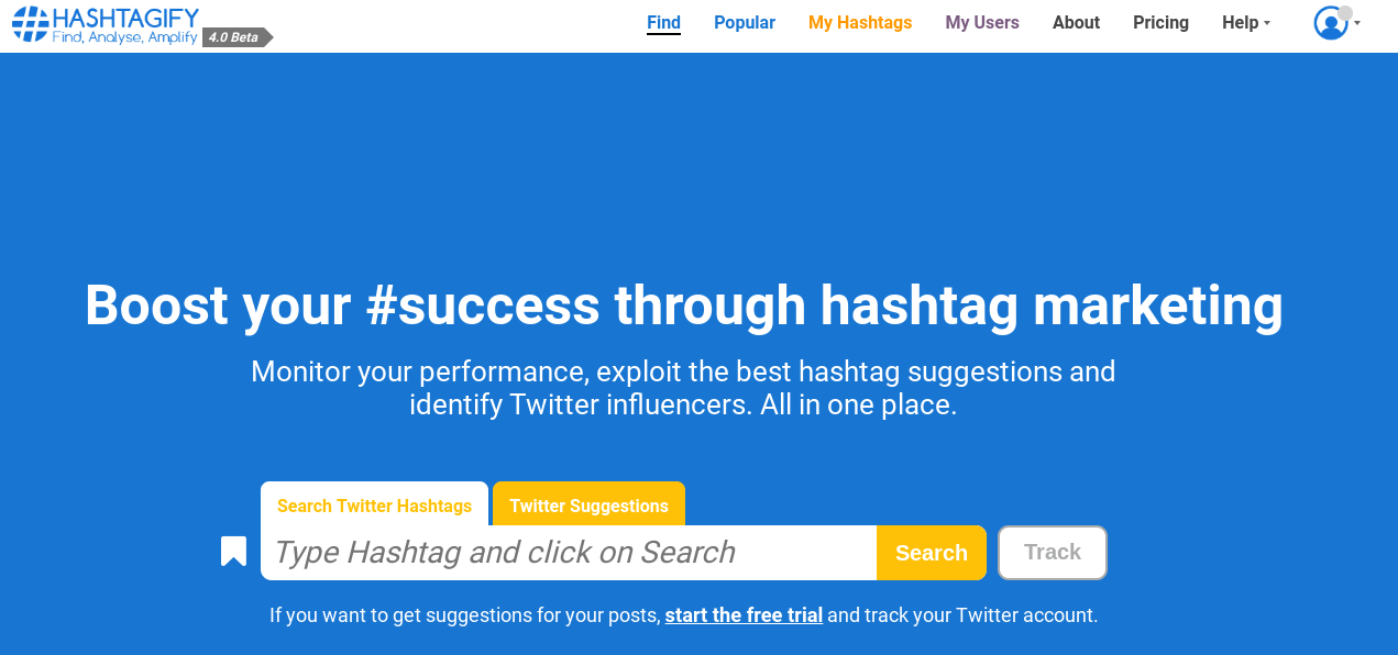 How to get more followers on social media: The homepage of the Hashtagify.me website.