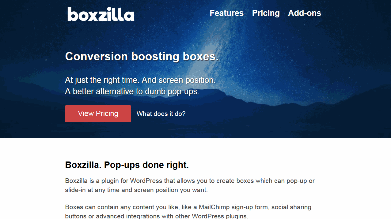 Scroll triggered pop-ups on the Boxilla homepage.