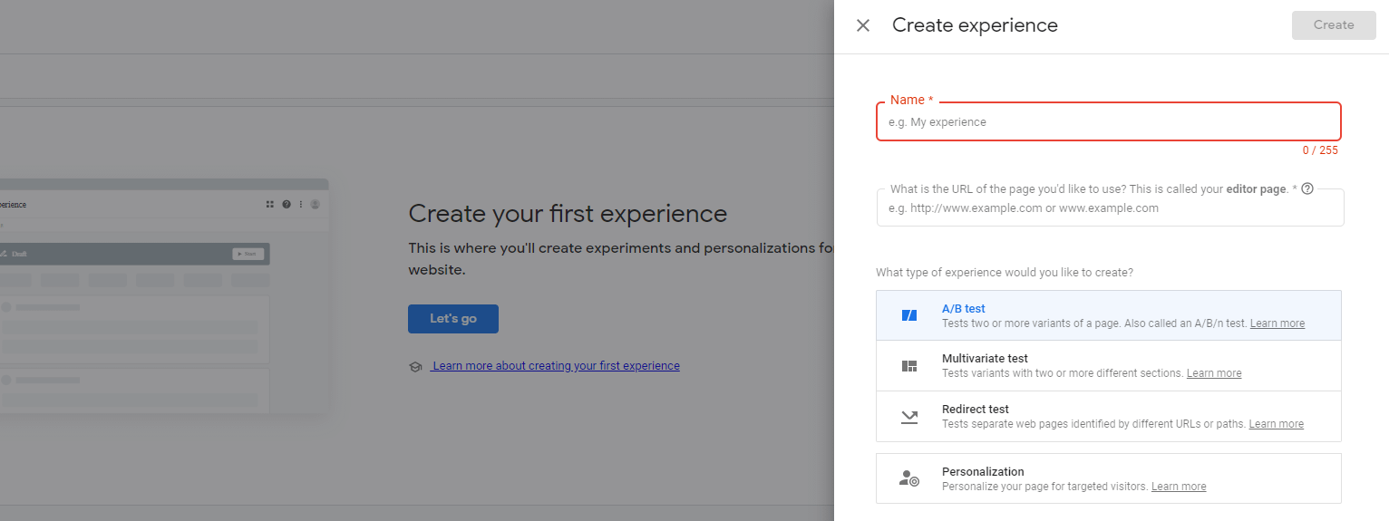 Create a new Optimize experience.
