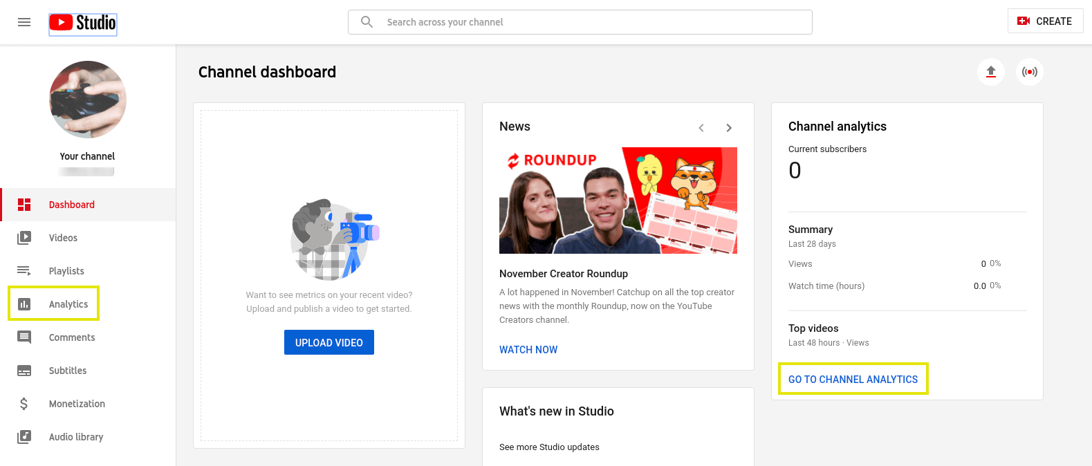 YouTube Studio dashboard.