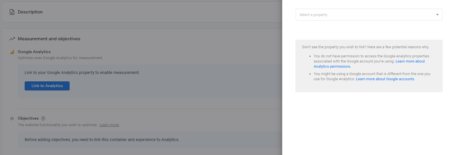 Linking the test to an analytics property.
