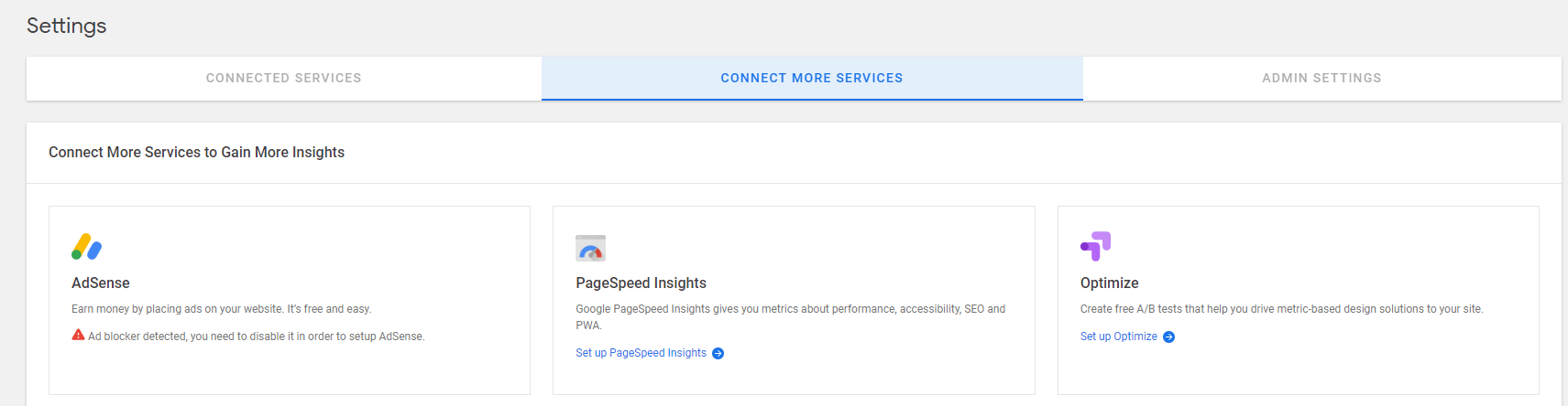 Connect more services using Site Kit.
