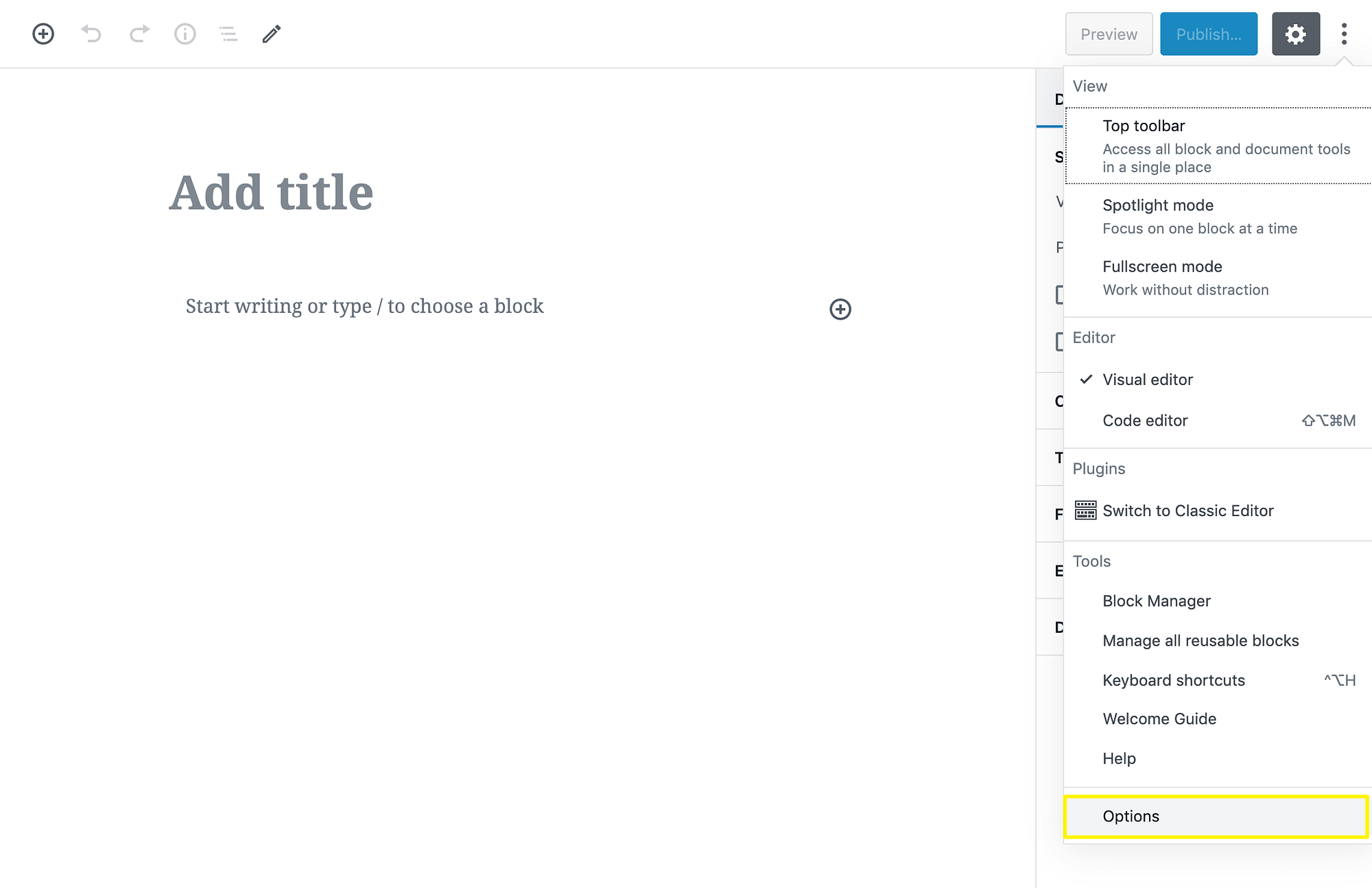 Ouverture des options de l'éditeur de bloc.