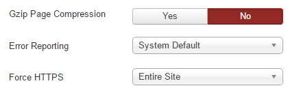 A screenshot of Joomla's Force HTTPS option.
