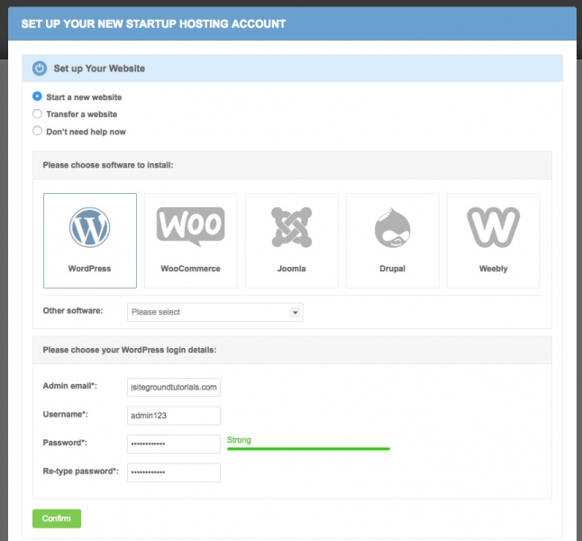 SiteGround setup wizard