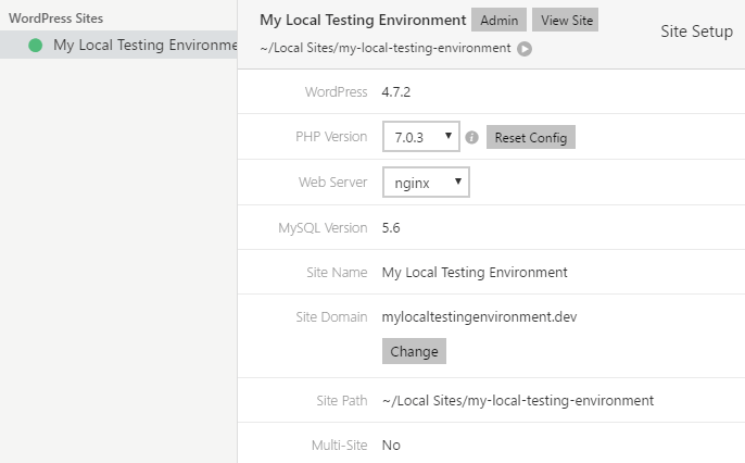Reviewing the details of your new local WordPress site.