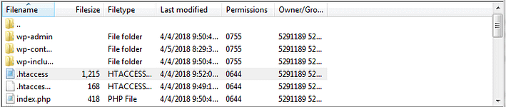 The .htaccess file in FileZilla.