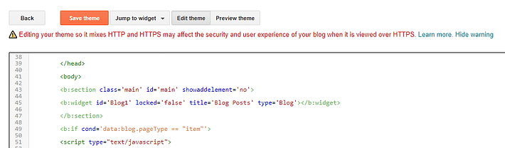 Adding your redirection code to Blogger.