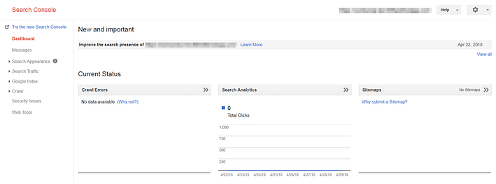 The Google Search Console main dashboard.