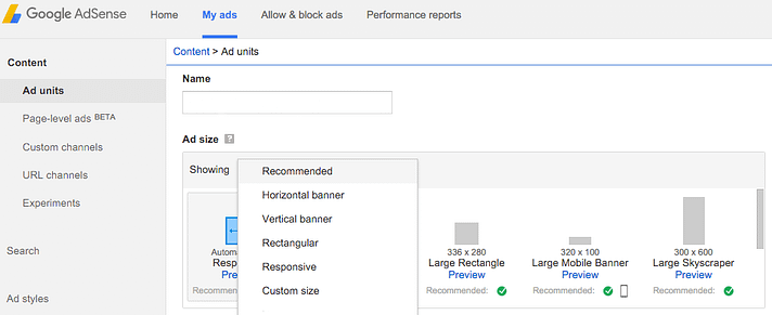 Google AdSense’teki reklam seçenekleri.