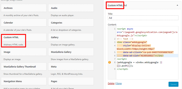 adsense reklamı için özel html widget'ı