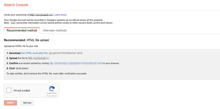 Verifying a property in Google Search Console.