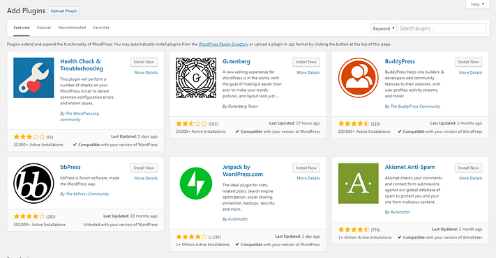 Kontrol panelinde WordPress eklentileri.