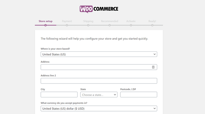 The WooCommerce setup wizard.