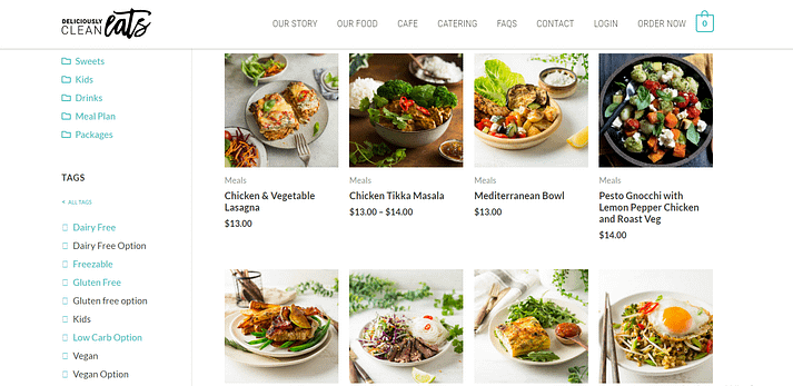 Deliciously Clean Eats product page, featuring meal kits filled with vegetables.