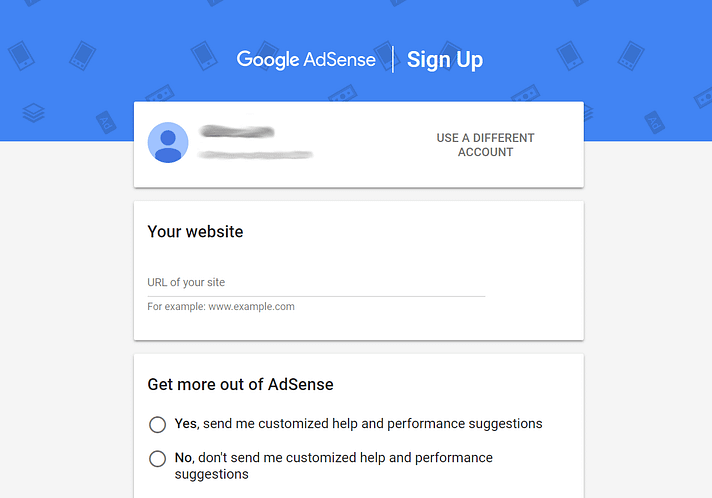Google AdSense’e kaydolma formu.