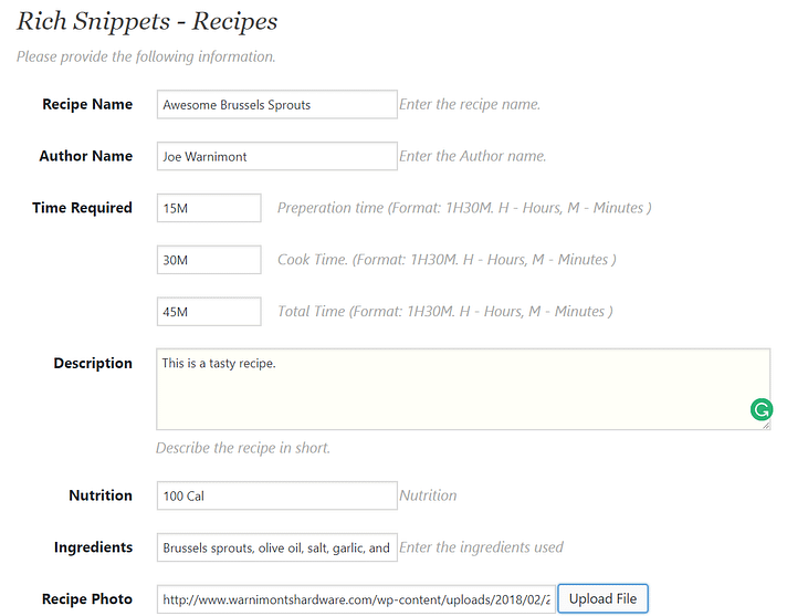 добавить схему в WordPress для рецептов