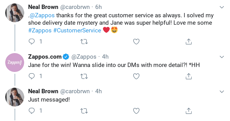 A Twitter message exchange between Zappos and customer.