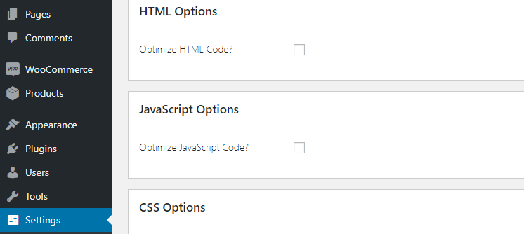 Autoptimize's WordPress minify plugin settings.