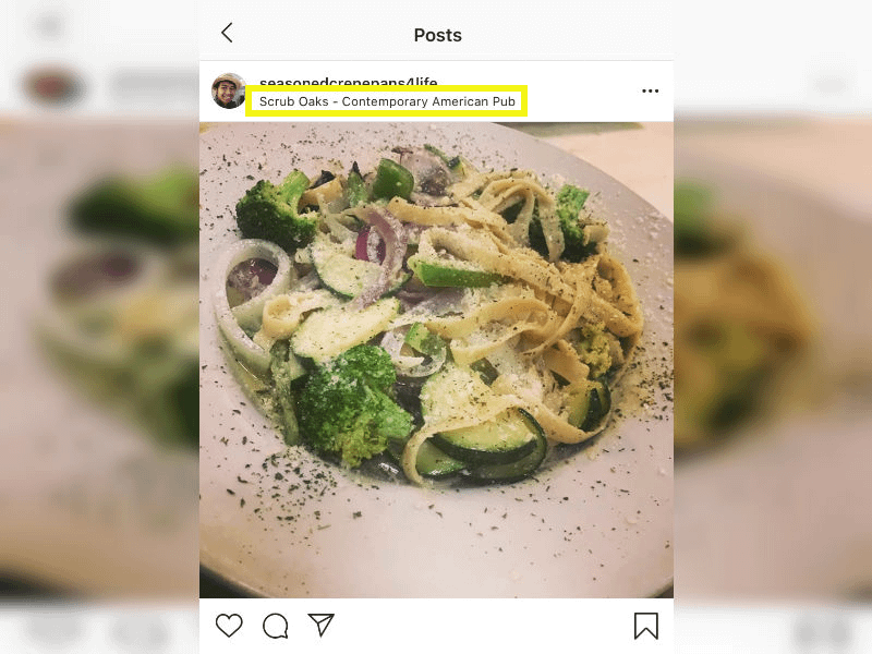Instagram post with the restaurant name tagged as location.