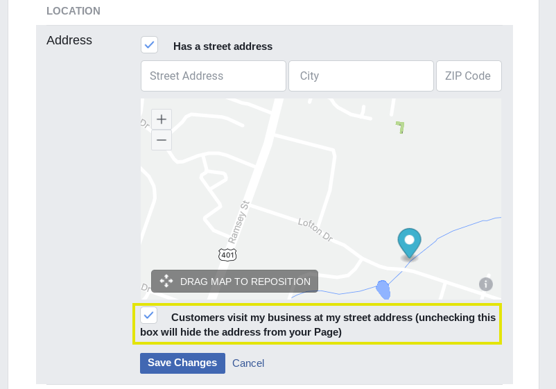 The check-in settings on a Facebook business page.