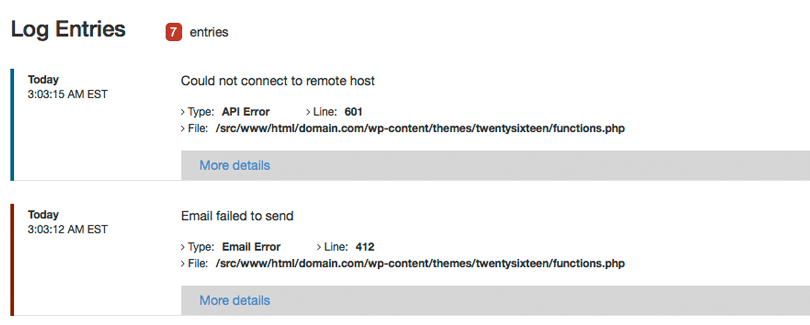 The WP Log Viewer plugin in action.