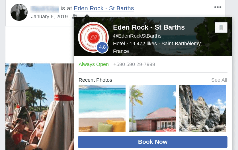 A Facebook check-in to the Eden Rock Hotel.