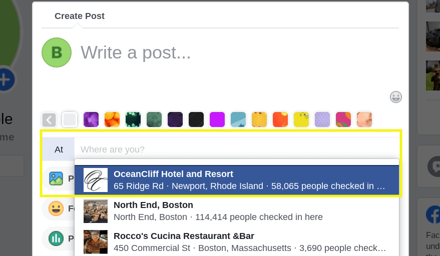List of location options for Facebook post.