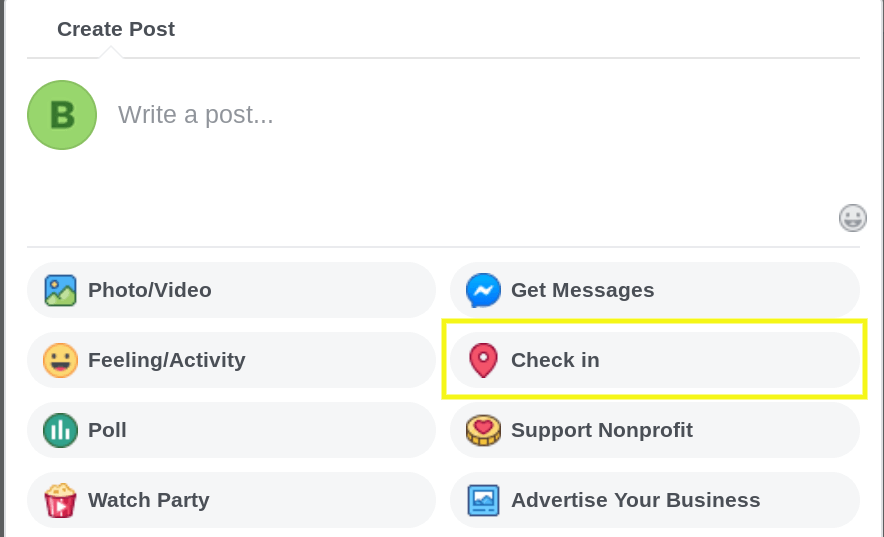 Check-in options on Facebook post.