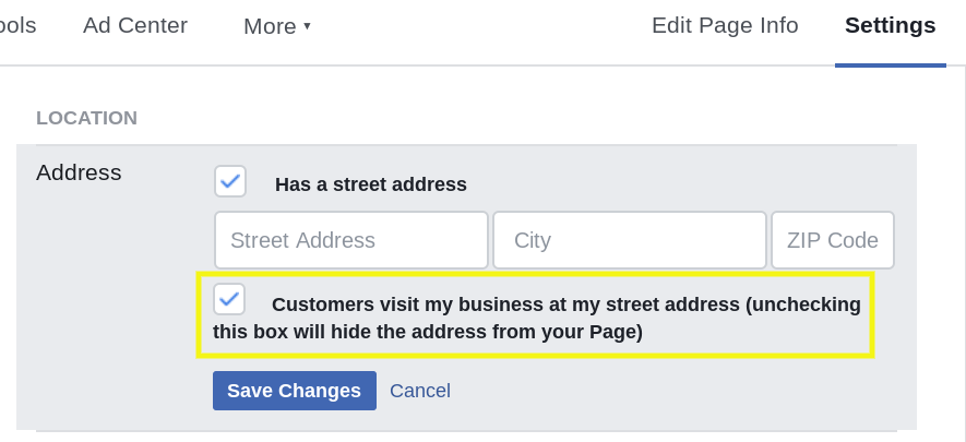 How to use geotags: Facebook Business Page check-in feature settings.