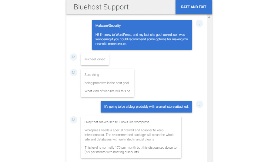 A live chat with Bluehost support.