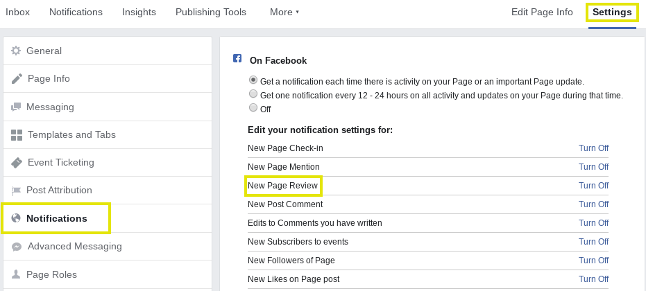 The notification settings for a Facebook business page.