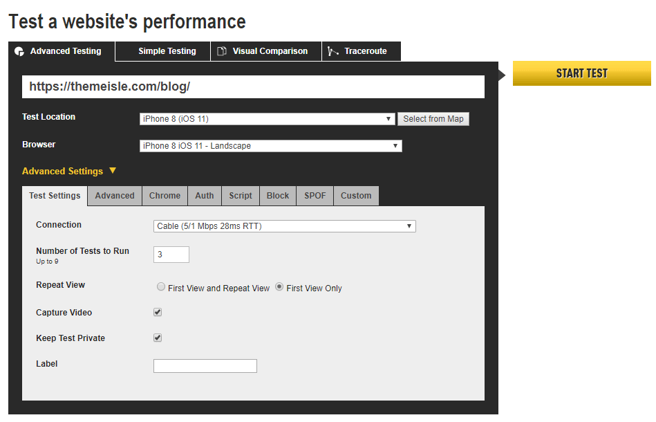 WebPagetest Advanced options