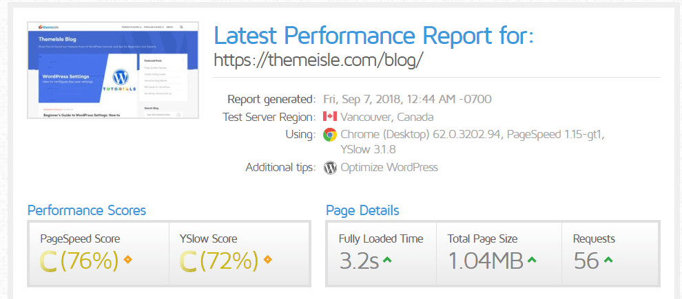 GTmetrix results